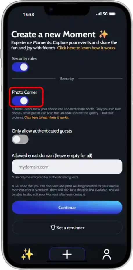 How to activate the JoinMyMoment Photo Corner feature