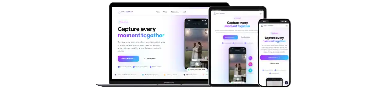 JoinMyMoment landing page on macbook, tablet and phone