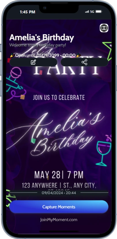 Digital birthday-party invitation set as cover image for a JoinMyMoment event