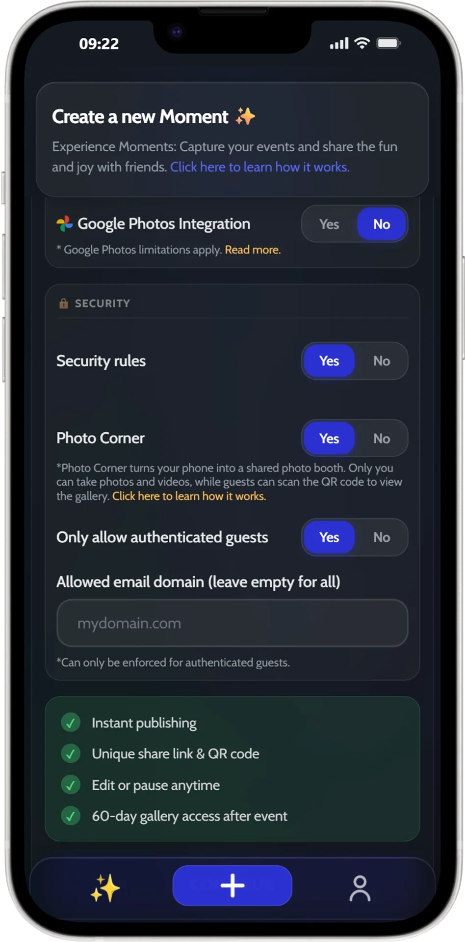 قواعد أمان JoinMyMoment — تقييد الوصول عن طريق المصادقة أو نطاق البريد الإلكتروني